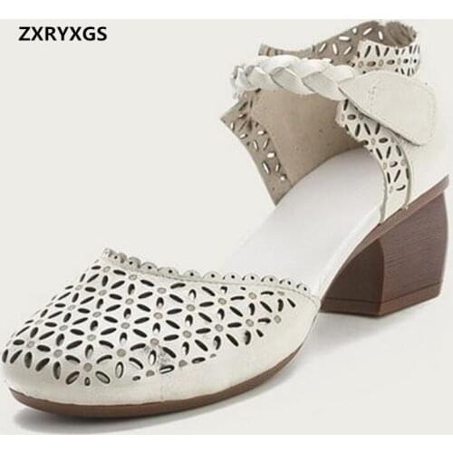 Promotion Round Head Hollow Genuine Leather Sandals Women Sandals 2020 New Elegant Summer Shoes Non-slip Wear High Heel Sandals