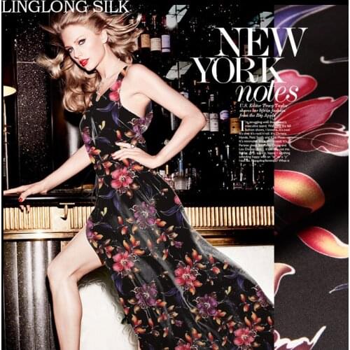 PRINTED SILK STRETCH SATIN 118cm width 19momme/Pure Mulberry Silk Tissus For Wedding Dresses Sewing Classic Black Flower