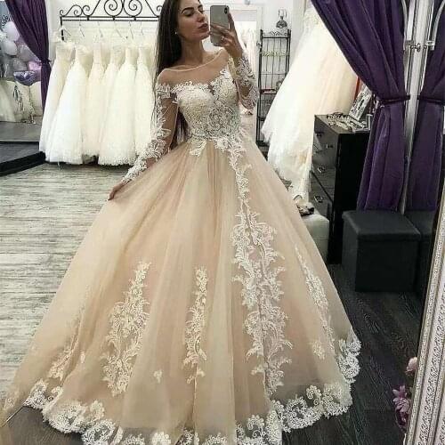 SuperKimJo Champagne Wedding Dresses Boho Lace Applique Long Sleeve Elegant Wedding Gowns Vestido De Noiva Simples