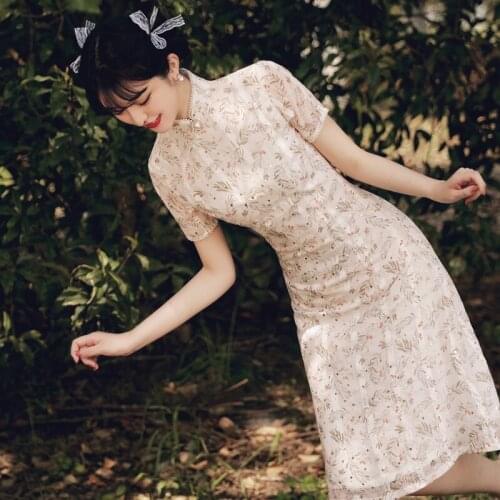 Chinese Traditional Women Short Sleeve Slim Printe Cheongsam Ladies Sexy Qipao Oriental Vintage Aodai Collar Tight Bodycon Dress