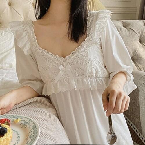 Vintage Nightgowns Women Cotton White Lace Lolita Night Dress Victorian Peignoir Ladies Loungewear Nightdress Princess Sleepwear