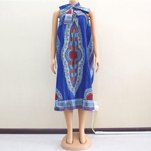 Dashiki Indie Folk Blue African Skirt for Women Elastic Waist Cotton Wax with Sashes Long Skirt