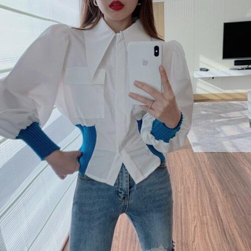 2021 new womens shirt fashion contrast color design lantern sleeve long sleeve waist waist white shirt female