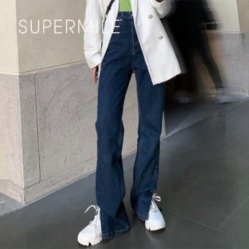 2021 New Dark Blue Flared Jeans Women High Waist Wide Leg Long Denim Pant Vintage Straight Bell Bottom Trousers Y2K Hot Spring