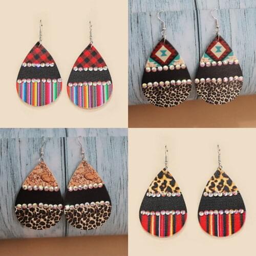 AB Crystal Embellished Rainbow Stripe Leopard Leather Teardrop Earrings for Women Buffalo Plaid Leather Earrings Wholesale