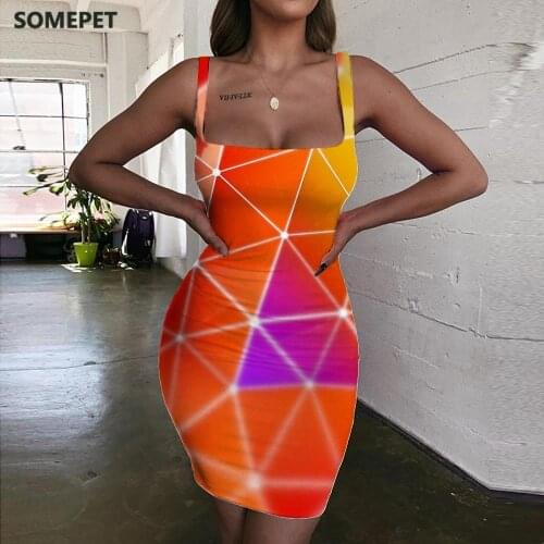 SOMEPET Geometry Dresses Women Colorful Bodycon Dress Pattern Halter Sleeveless Art Vestido Sexy Womens Clothing Mini Evening