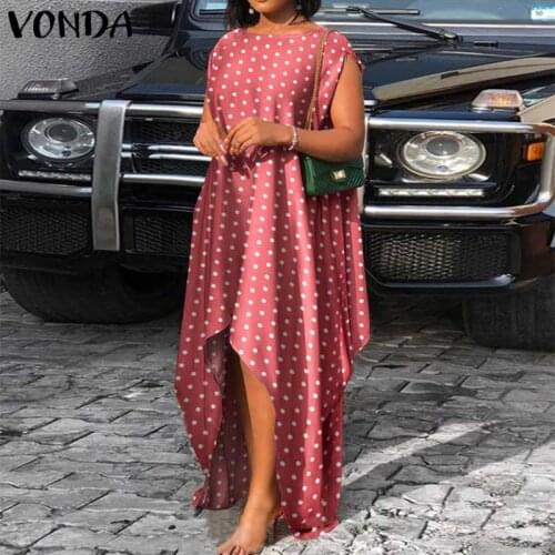 Women Dress VONDA Vintage Polka Dot Printed Asymmetric Hem Vestidos Irregular Hem Dresses O Neck Sleeveless Sundress