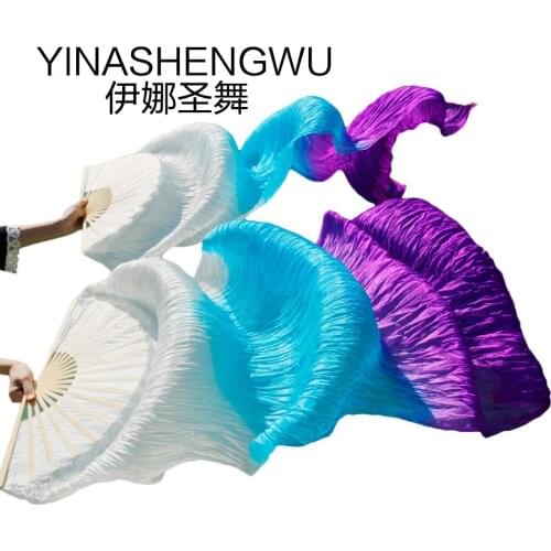 1 Pair Dance Fans Bamboo Ribs Natural Silk Stage Performance Props Dye Fans Women Belly Dance Silk Fans white+turquoise+purple