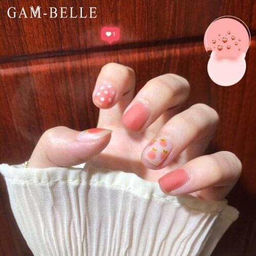 GAM-BELLE 24Pcs Matte Pink Gradient Peach Pattern False Nails French Full Cover Artificial Press On Nails DIY Manicure Tool