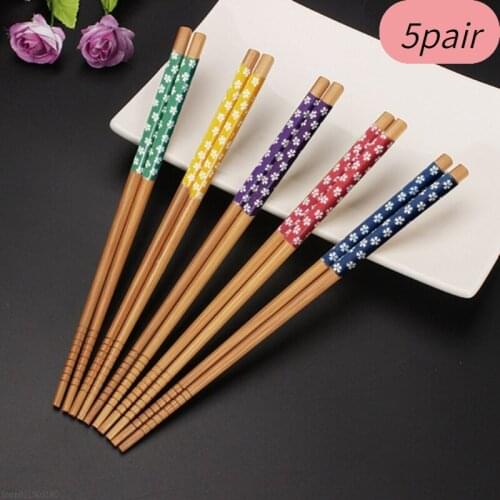 5 Pairs Reusable Chinese Classic Wooden Chopsticks Traditional Vintage Handmade Natural Flower Bamboo Chopsticks Sushi Tools