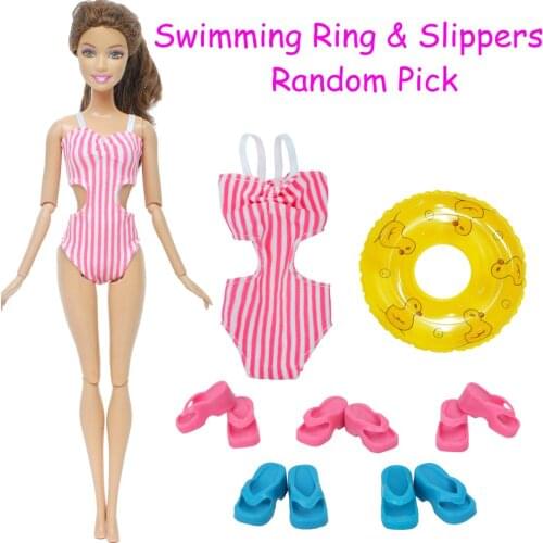 7 Pcs/Lot = 1x Red Stripe Jumpsuits Swimsuit + Random 1x Swimming Lifebuoy + 5x Colorful Slippers Shoes Clothes for Barbie Doll