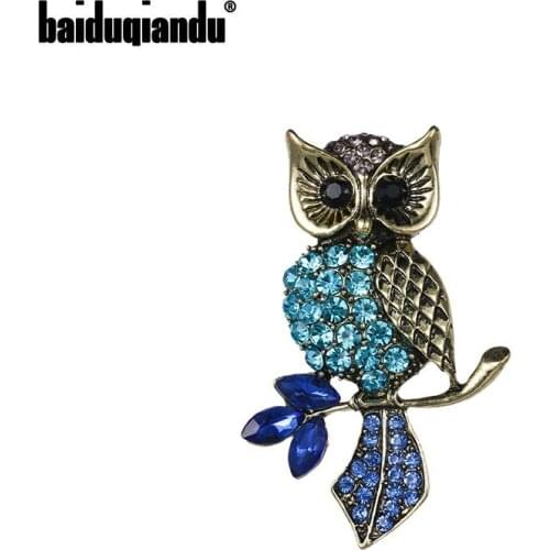 Baiduqiandu Brand Antique Brass Color Metal Plated Rhinestones Owl Brooch for Women Dress Fashion Jewelry Accessories