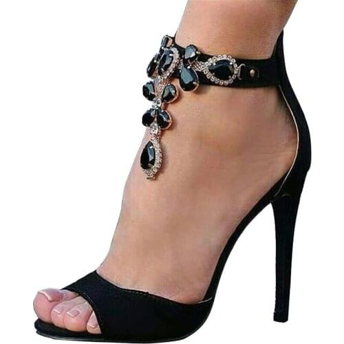 Comemore Black Crystal Women Embellished Suede Leather High Heel Sandals Sexy Peep Toe Ankle Strap Rhinestones Gladiator Shoes