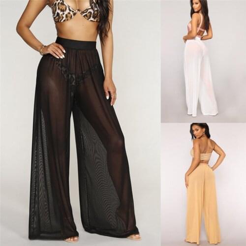 Womens Boho High Waist Flare Wide Leg Cover-Up Trousers Beach Long Loose See Throug Mesh Sheer Pants Bikini Bottom Beachwear