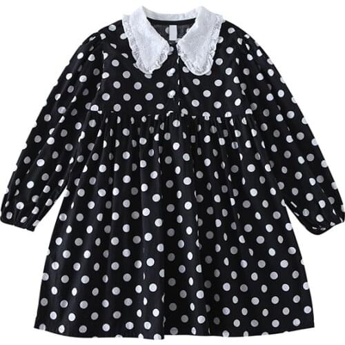 Polka Dot Black Long Sleeve Girls Dress Fashion Short Korean Cute Flower Spring Girls Dress Autumn Robe Fille Clothes BW50DR