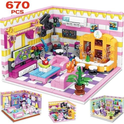 City Street View Mini Cabin Study Room Building Blocks Friends House Bedroom Home Architecture Bricks DIY Toys for Children Girl