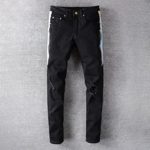 Gradient Side Pleated Tape Mens Jeans Ripped Stripe Black Jeans Pants Men Fashion Skinny Stretch DJ High Street Denim Trouser