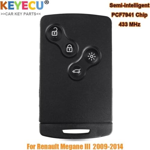 KEYECU Smart Card Remote Control Car Key for Renault Megane III Scenic lll 2009 2010- 2014, Fob 4 Button - 433MHz - PCF7941 Chip