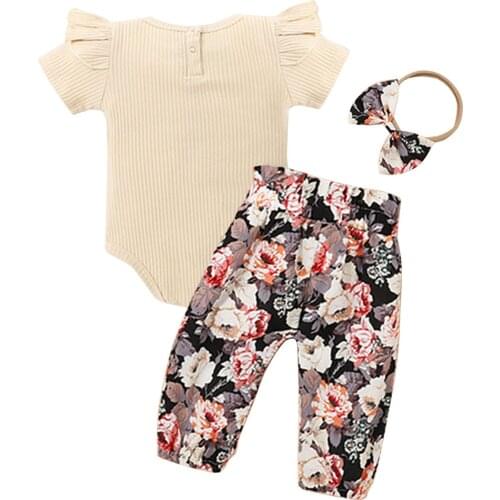 Baby Girls Three-piece Clothes Set, Beige Round Collar Short Sleeve Romper + Pants + Headdress