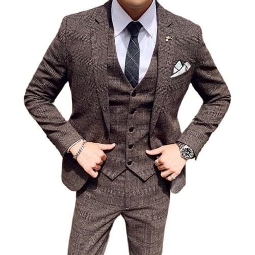 7XL ( Jacket + Vest + Pants ) Groom Wedding Dress Plaid High-end Brand Mens Suit 3 Pcs Set Male Formal Slim Casual Business Suit