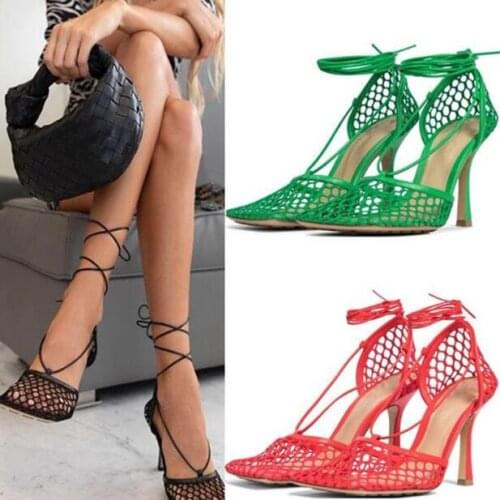 Hot Summer Ladys Yellow Green Black Red Beige Cuts Out Sandals Woman Square Toe Shallow 75 mm Stiletto Heels Lace Up Sandals