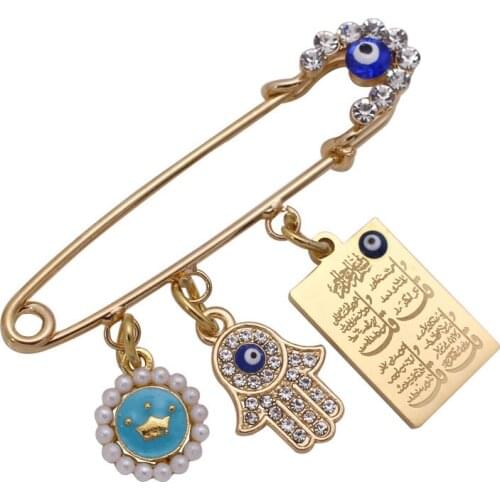 Muslim islam Quran four Qul suras hamsa hand of fatima Turkish evil eye Stainless Steel pink brooch Baby Pin