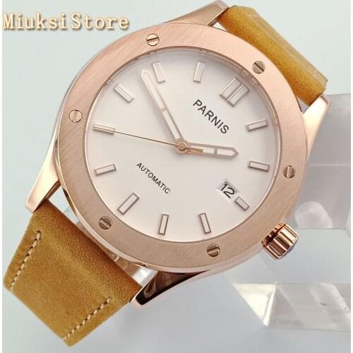 PARNIS 43mm rose gold case sapphire glass white dial luminous leather strap NH35A movement automatic mens top luxury watch