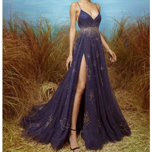 Starry Color Sexy Backless Evening Dresses Floor Length Sequined V-neck Split Spaghetti Strap Tulle Prom Party Gown
