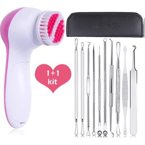 Facial Cleansing Brush 5 in 1 Electric Facial Massager with 10pcs/set Blackhead Remover Needls Pore Cleaner for Beauty Skin Care