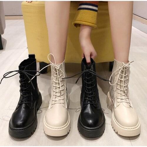 TUOLU Winter Women Ankle Boots Lace Up Shoes Gothic Platform Leather Chunky Heels Fashion Botas Mujer
