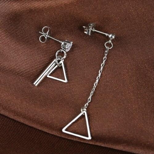 Crystal Stud Stick Hollow Triangle Chain Asymmetrical Silver Plated Dangle Earrings Drop Earrings for Women