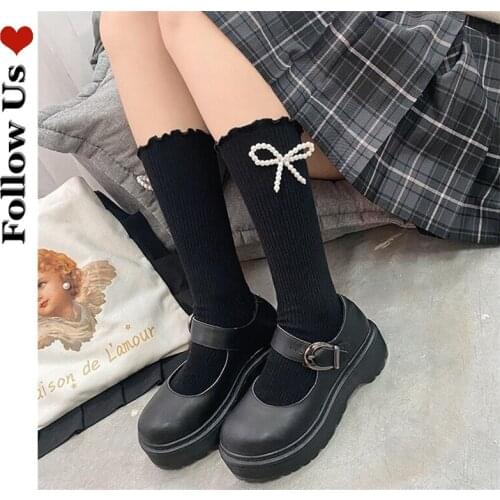 Harajuku Pearl Bow Socks Womens 2021 Fashion Japanese Lolita Pure Cotton Solid Color Stockings College Style Girl Cute Socks