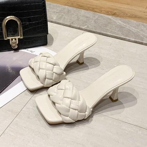 2020 Women Square Toe Slides Summer new PU Leather Sexy High Heel Slippers Ladies Rome Woven zapatos de mujer womens shoes