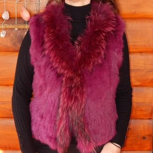 Real Rabbit Fur Vest Women Fashion Fur Gilet Female Raccoon Collar Trimming Winter Warm Waistcoat Free Shipping