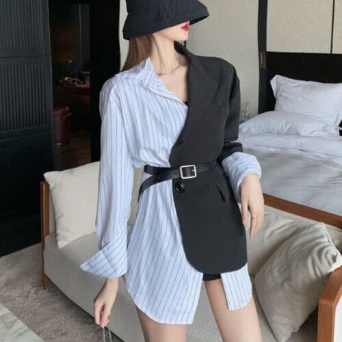 Women Causal Plaid Denim Blazer Stripe Blouse Patchwork Jacket