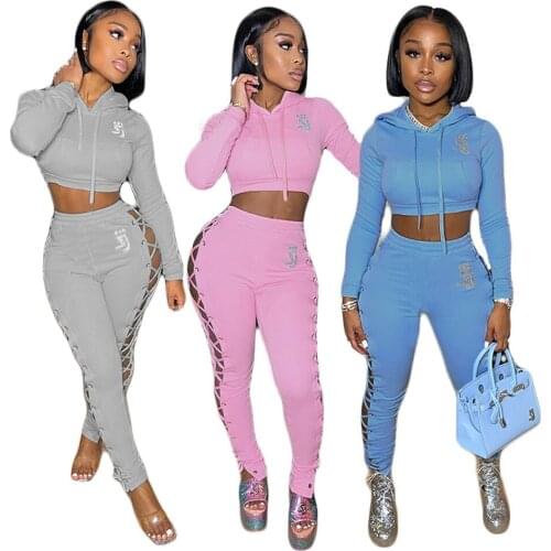 Echoine Women Sexy Hollow Out Cross Lace-Up Hoodie Two Piece Pants Sets Crop Top Trousers Fall Casual Fitness Tracksuit Outfits