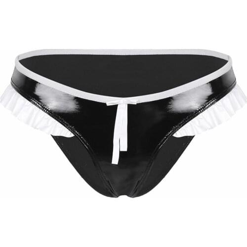 Womens Ladies Sexy Latex Lingerie Panties Wetlook Leather Ruffle Micro Thong Sissy Bikini Briefs Underwear Underpants