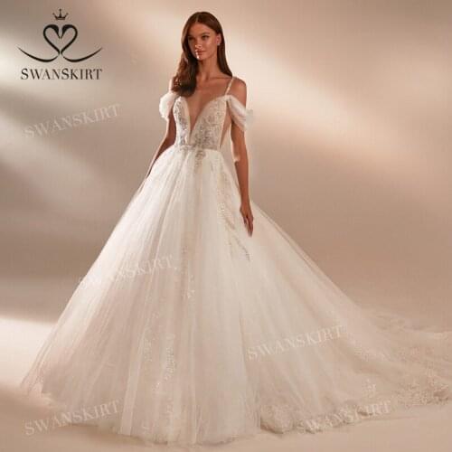 Beaded Wedding Dress 2021 Sleeveless Open Back Court Train Bridal Gown Princess SwanSarah M019 Customized Vestido De Novia