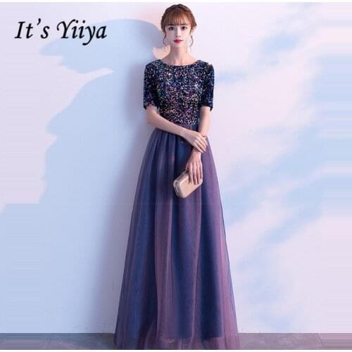 Evening Dresses Long R253 Colorful Sequin Sparkling Formal Dress Women Elegant O-neck Short Sleeve A Line Zipper Robe De Soiree