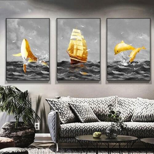 3pcs/set,diamond embroidery Golden Sailing Whale full drill square diamond painting round 5d art cross-stitch Coast Landscape