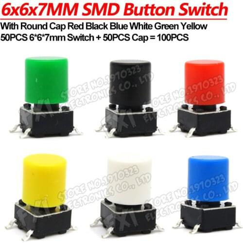 50 Pairs 100PCS 6x6x7mm PCB Momentary Tactile Tact Mini Push Button Switch Module SMD 4PIN With Round Cap fdkjgecf 6*6*7mm