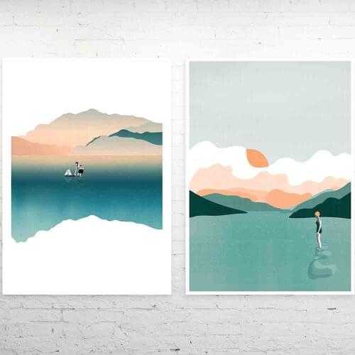 Abstract Landscape Sun and Mountain Lake Scene Boho Canvas Prints Painting Wall Art Pictures Posters for Living Room Decoration