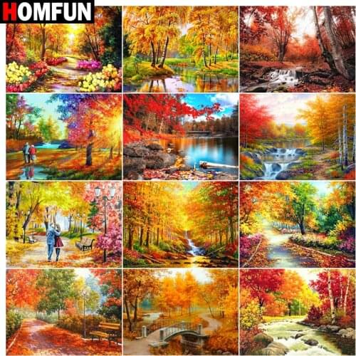 HOMFUN 5d Diamond Painting Full Square/Round "Maple leaf autumn woods" Picture Of Rhinestone DIY Diamond Embroidery Home Decor