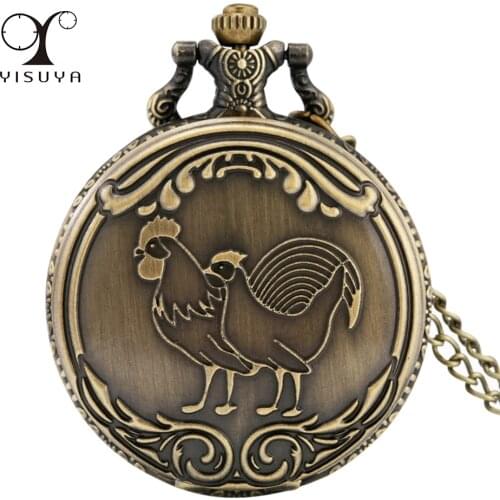 Antique Bronze Rooster Hen Design Necklace Pocket Watch Arabic Numerals Dial Retro Exquisite Pendant Clock 80 cm Sweater Chain