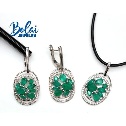 Bolaijewelry 2021 New Natural green agate jewelry set 925 sterling silver earrings pendant fashion womens boutique jewelry