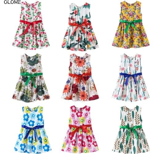 OLOME Summer Floral Beach Child Girls Dresses Butterfly Waistband Long Skirts for Girls Sweetheart Sleeveless Dress