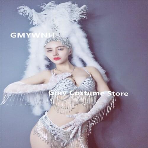 EC51 Ballroom dance costumes sexy white bra bikini dress dj bodysuit stage wears outfit party performance club feather clothe ds