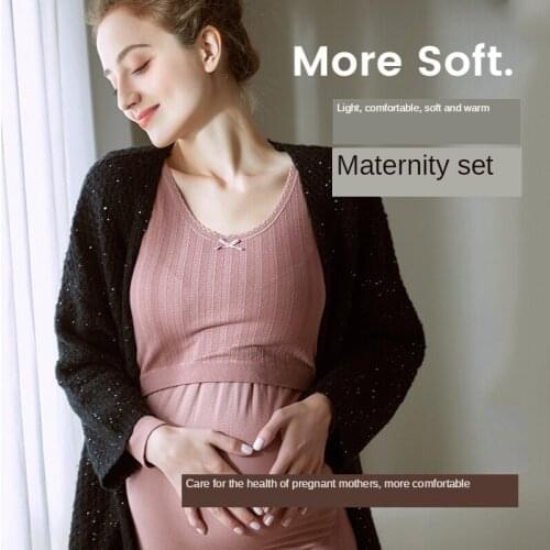 Cotton Pregnant Women Thermal Underwear Set Jersey Postpartum Nursing Pajamas Autumn Maternity Long Johns for room Top+Pants