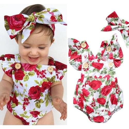2PCS Newborn Baby Girl Rompers Clothes Cotton Infant Summer Sleeveless Flower Jumpsuit +Headband Outfits Sunsuit
