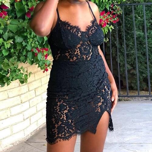 BKLD Hot Sexy Nightclub Lace See Through Women Dresses High Waist Sling Backless V Neck Hem Split Bodycon Mini Dress 2021 Summer